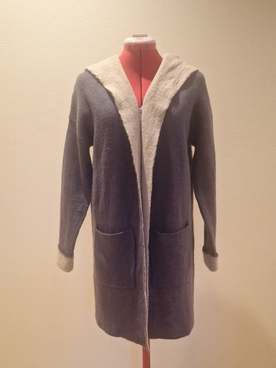 Olivia Sky Jackets & Blazers - Olivia Sky Two-Tone Hooded Knit Long Cardigan Sweater - Eggplant & Tan Inside S